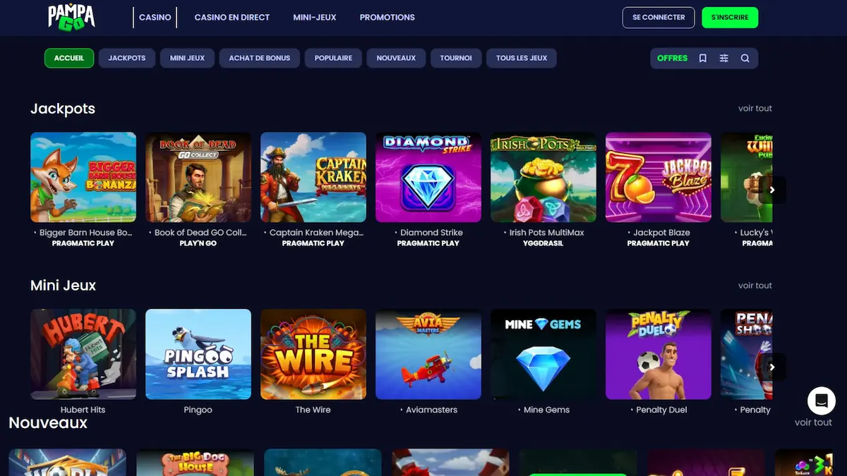 Vue du lobby principal avec le vaste catalogue de tous jeux disponibles